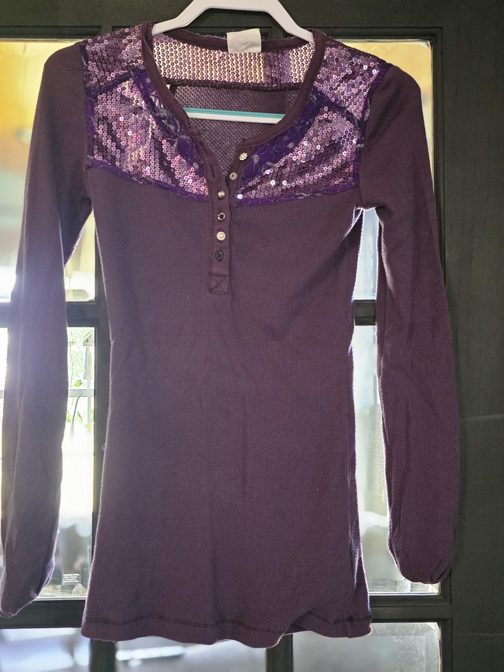 Free People Purple Sequin-Yoke Long Sleeve Henley